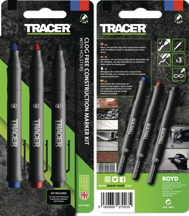 TRACER Clog Free Baumarkierungsset von OX TOOLS – 3 Marker für staubige, ölige & feuchte Oberflächen