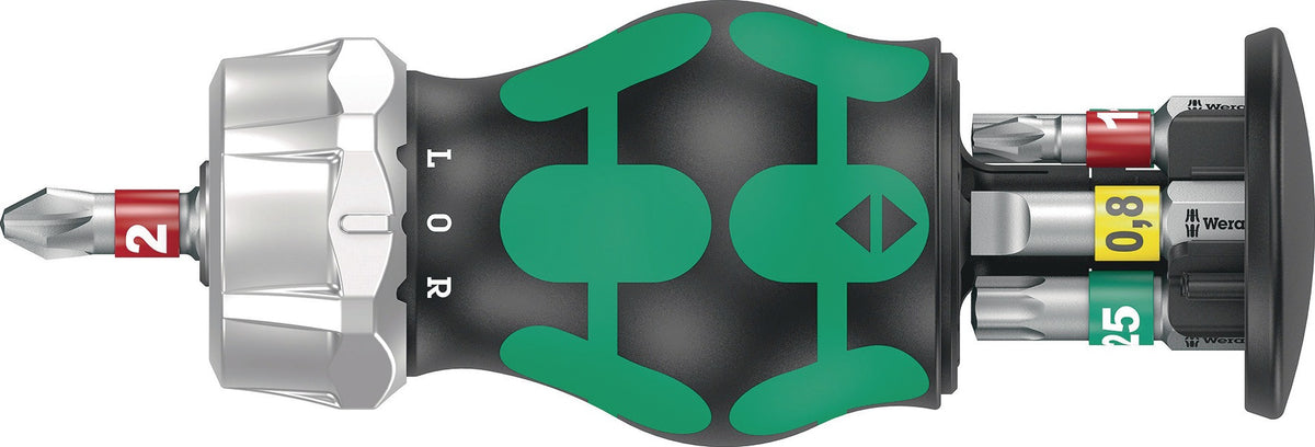 WERA Magazinbithalter KK Stubby mit 6 BiTorsion Bits, Ratschenfunktion und Bit-Magazin