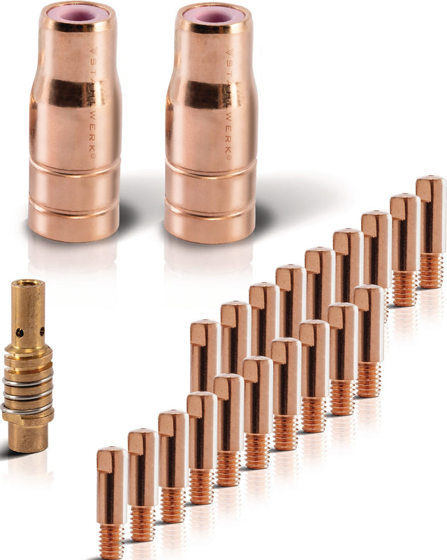 STAHLWERK Verschleißteile-Set FLUX AK15/MB15 – 23-teilig, Stromdüsen Ø 0,9 mm