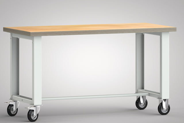 KLW-LUTZ Werkbank B1500 x T700 x H840 mm Buche Multiplex lichtgrau mit Bock- und Lenkrollen