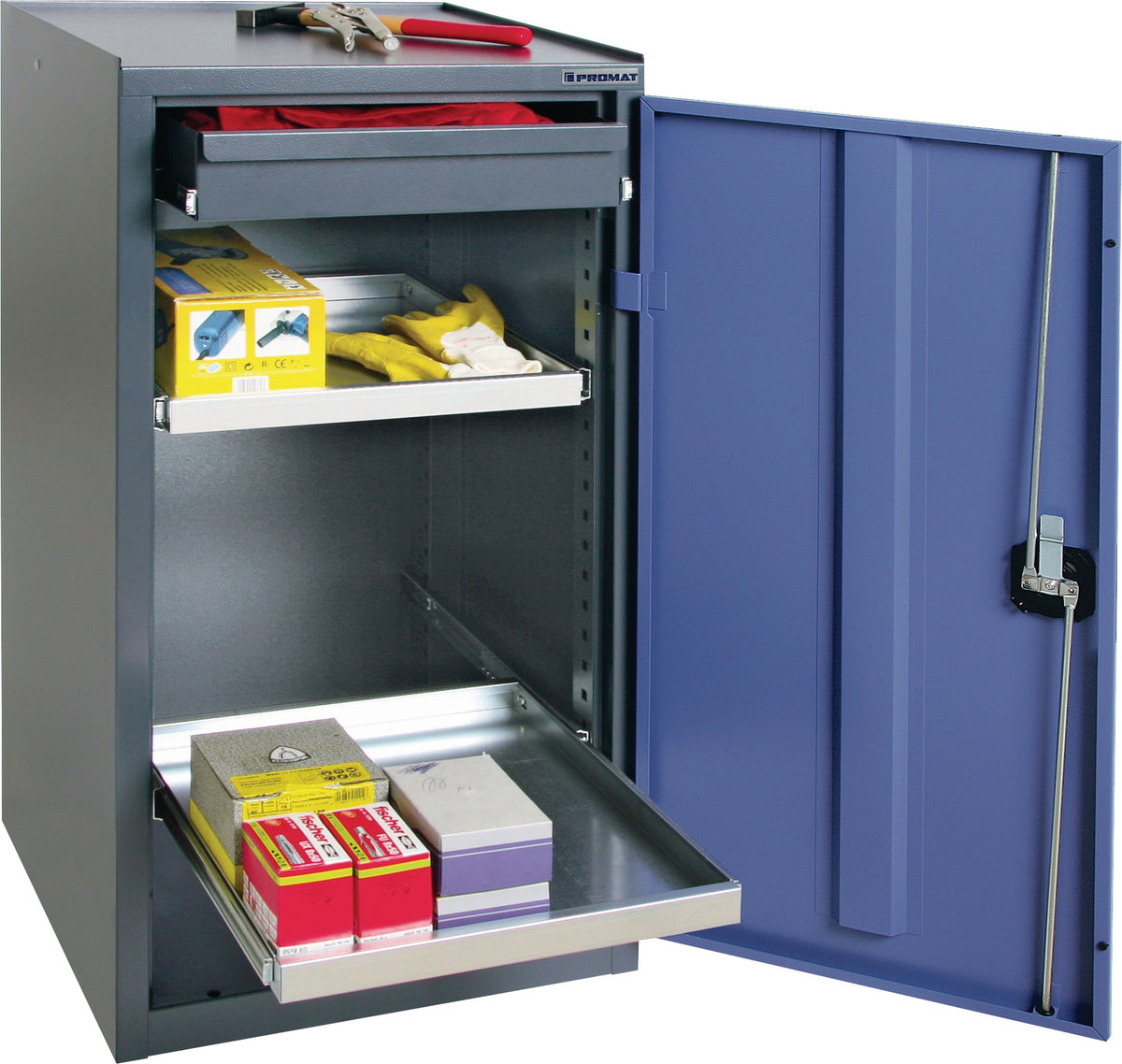 PROMAT Werkzeug-/Beistellschrank 1000x500x500 mm mit Schublade und 2 Böden, anthrazit/taubenblau