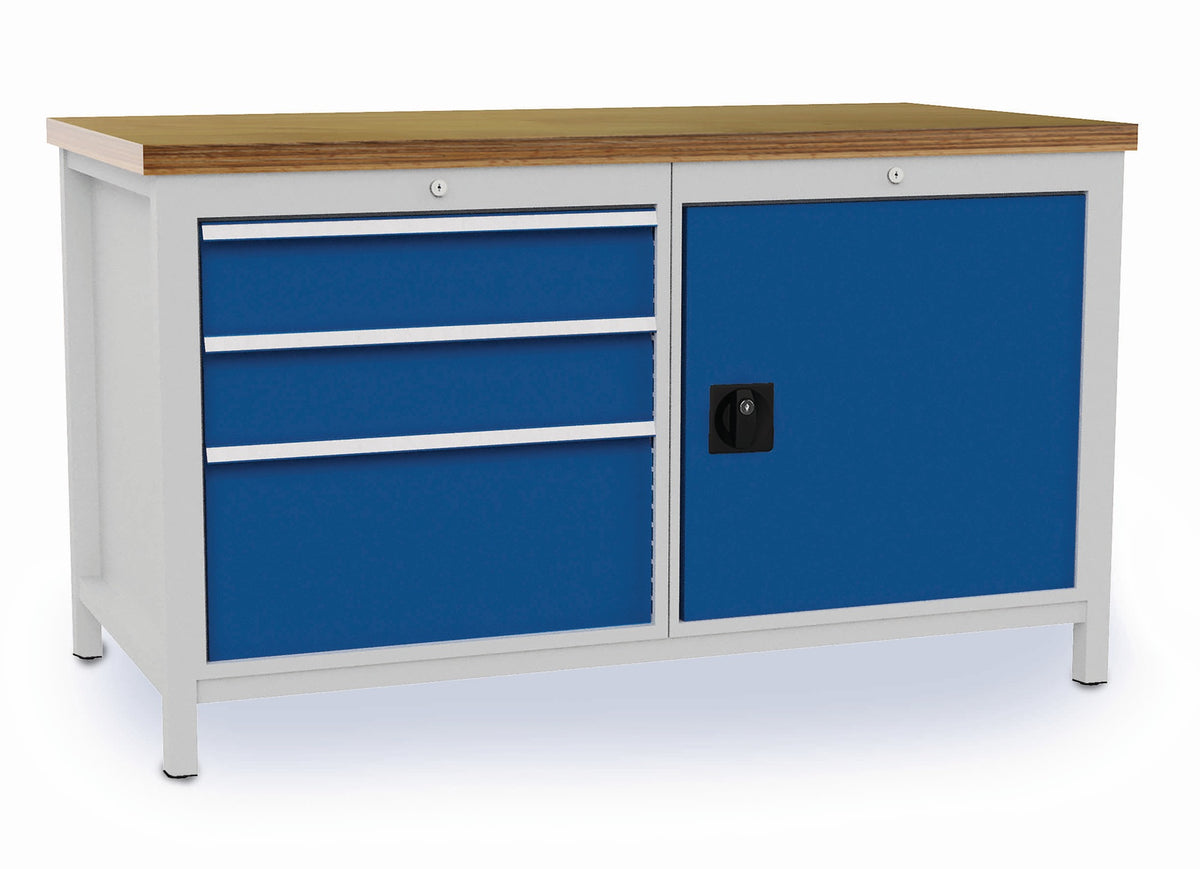 BEDRUNKA+HIRTH Werkbank signalblau lichtgrau 1500x859x750 mm Buche Multiplex 40 mm 1 Schublade 1 Tür