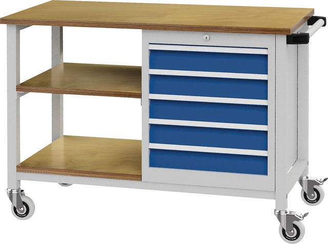 Bedrunka & Hirth Werkbank B1200xT540xH880mm Buche Multiplex lichtgrau/signalblau 5 Schubladen