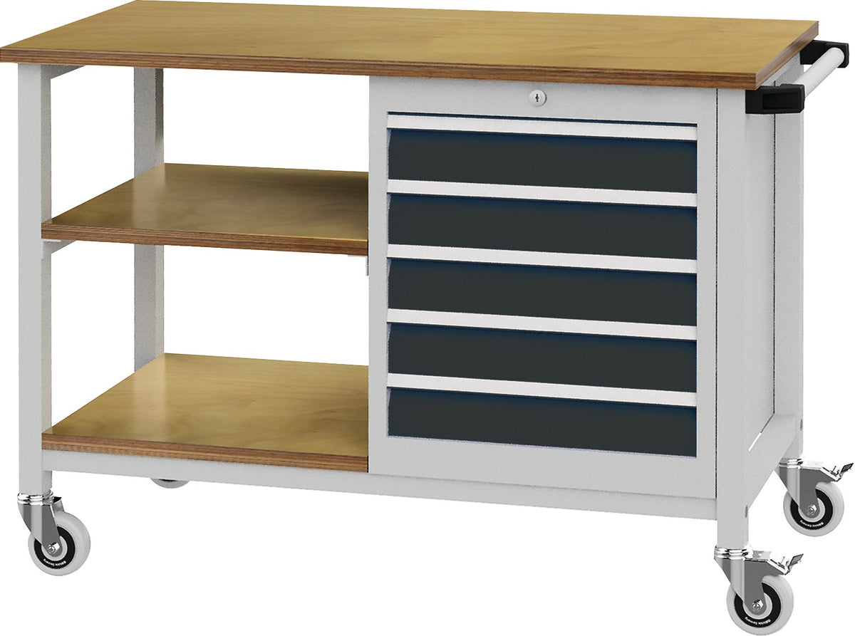 Bedrunka & Hirth Werkbank B1200xT540xH880mm Buche Multiplex lichtgrau/signalblau 5 Schubladen