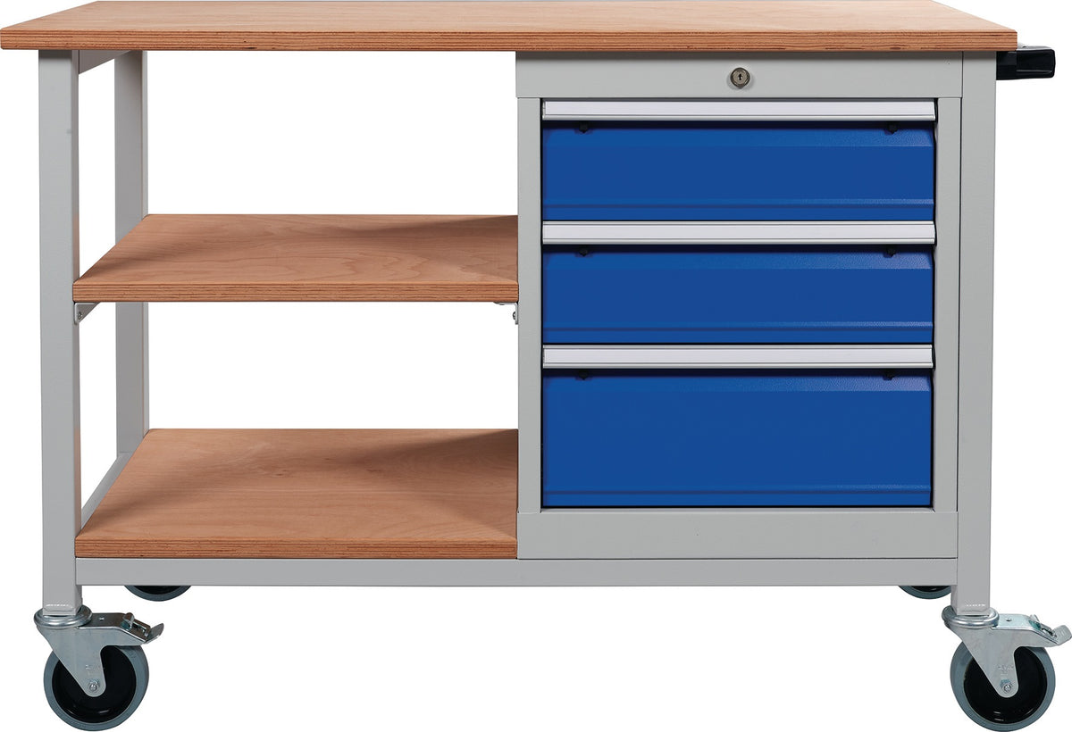 Bedrunka & Hirth Werkbank B1200xT540xH880mm Buche Multiplex lichtgrau/signalblau 3 Schubladen fahrbar