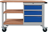 Bedrunka & Hirth Werkbank B1200xT540xH880mm Buche Multiplex lichtgrau/signalblau 3 Schubladen fahrbar