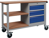 Bedrunka & Hirth Werkbank B1200xT540xH880mm Buche Multiplex lichtgrau/signalblau 3 Schubladen fahrbar