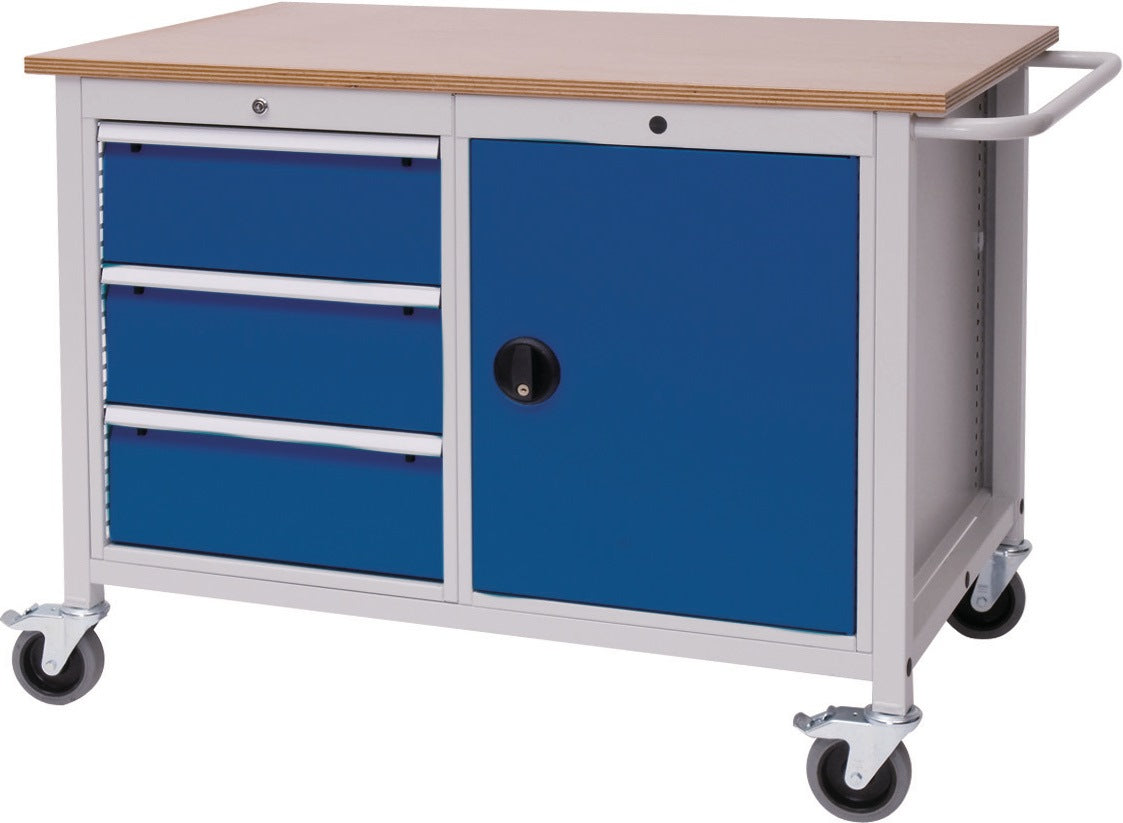 Bedrunka & Hirth Werkbank B1250xT750xH935mm Buche Multiplex lichtgrau/signalblau 3 Schubladen 1 Tür