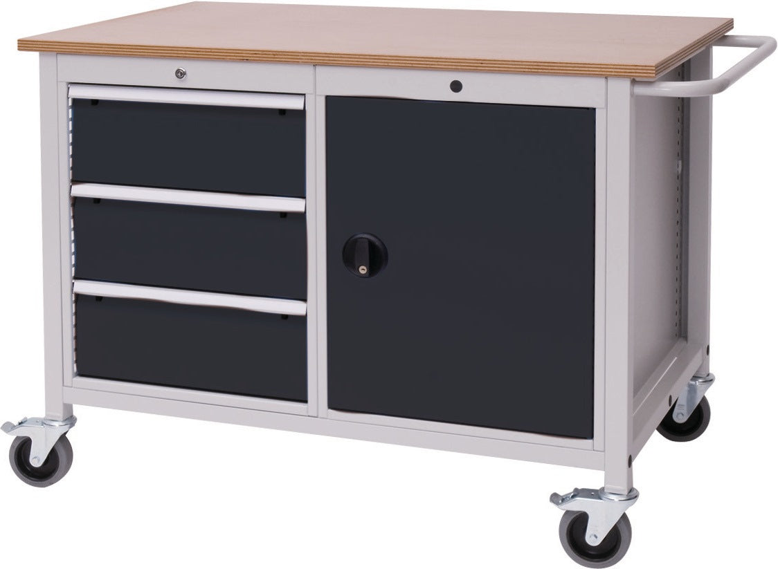 Bedrunka & Hirth Werkbank B1250xT750xH935mm Buche Multiplex lichtgrau/signalblau 3 Schubladen 1 Tür