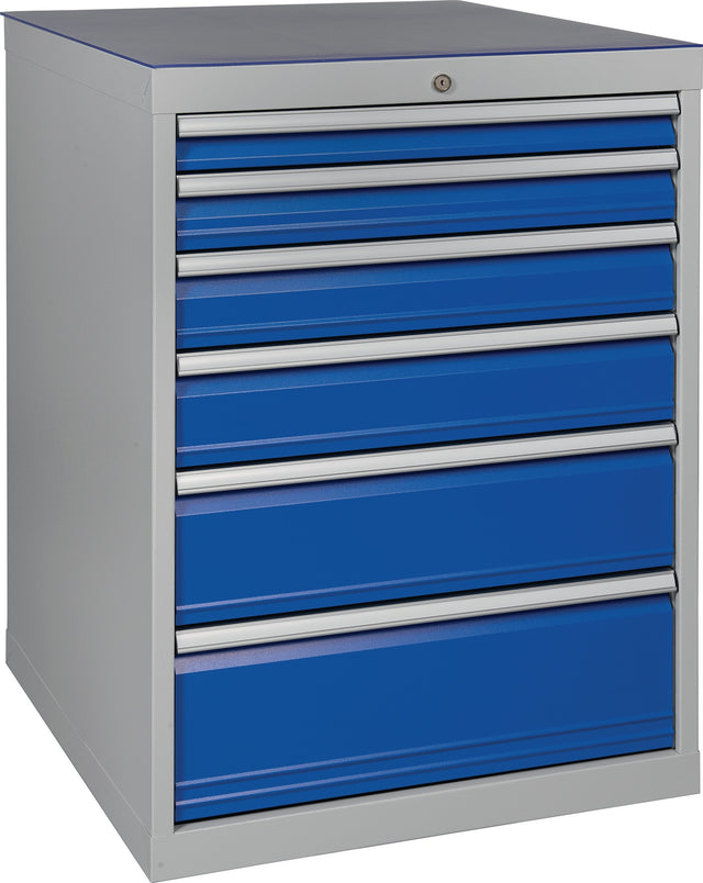 BEDRUNKA+HIRTH Schubladenschrank H1019xB705xT736mm lichtgrau/signalblau 6 Schubladen