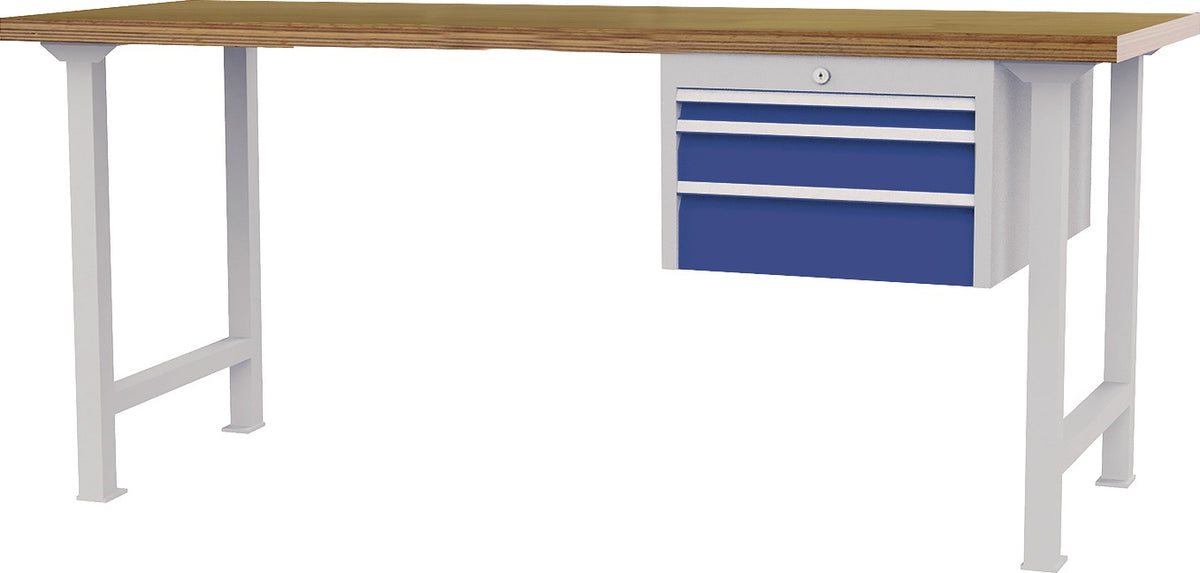 Bedrunka & Hirth Werkbank 2000 mm Buche-Multiplex, höhenverstellbar, 3 Schubladen, lichtgrau/signalblau