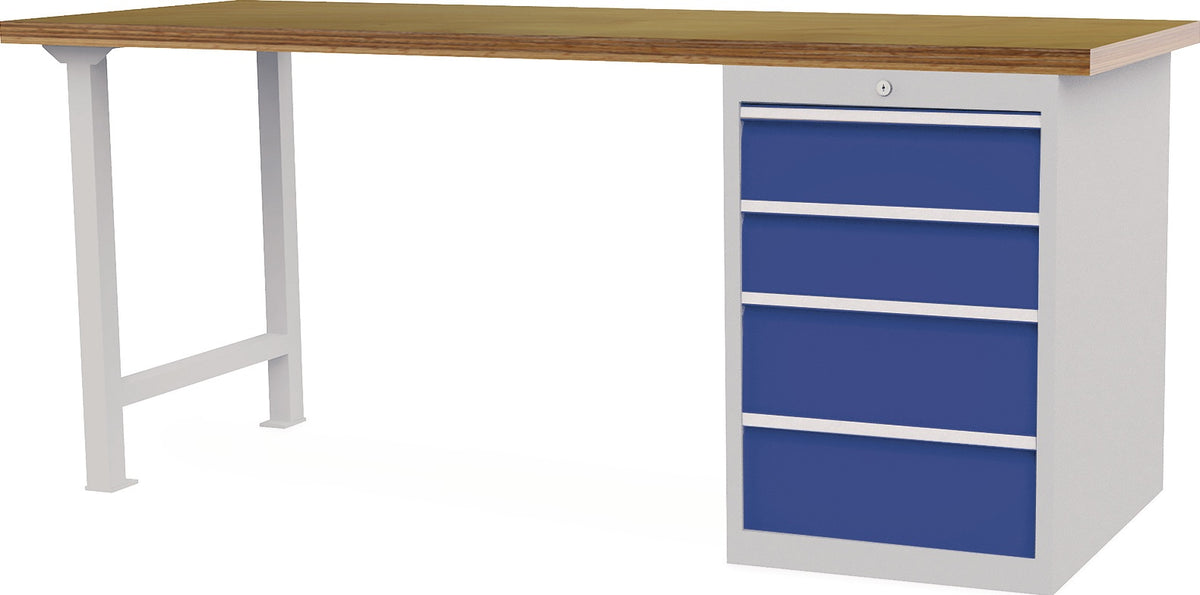 Bedrunka & Hirth Werkbank 2000 mm Buche-Multiplex 4 Schubladen lichtgrau/signalblau