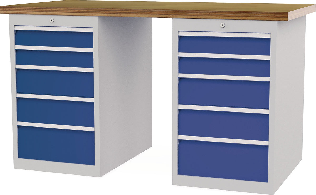 Bedrunka & Hirth Werkbank 1500x750x859 mm Buche-Multiplex, 10 Schubladen, lichtgrau/signalblau