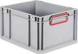 Transportstapelbehälter L400xB300xH120mm grau PP von ALLIT – geschlossener Griff rot
