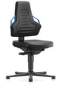 Arbeitsdrehstuhl Nexxit von BIMOS mit Bodengleitern, blauer Grifffarbe und schwarzem Kunstlederpolster