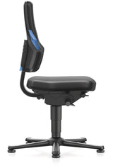 Arbeitsdrehstuhl Nexxit von BIMOS mit Bodengleitern, blauer Grifffarbe und schwarzem Kunstlederpolster
