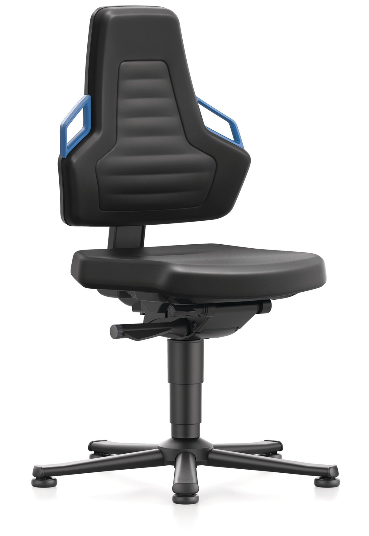 Arbeitsdrehstuhl Nexxit von BIMOS mit Bodengleitern, blauer Grifffarbe und schwarzem Kunstlederpolster