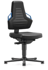 Arbeitsdrehstuhl Nexxit von BIMOS mit Bodengleitern, blauer Grifffarbe und schwarzem Kunstlederpolster