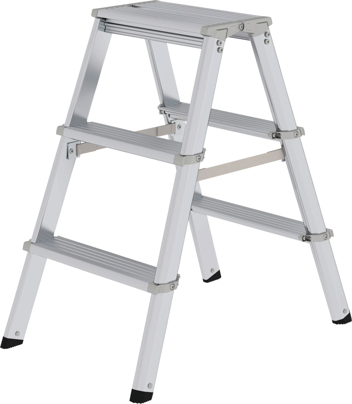 MUNK Stufenstehleiter 2x3 Stufen Aluminium – beidseitig begehbar, 150 kg