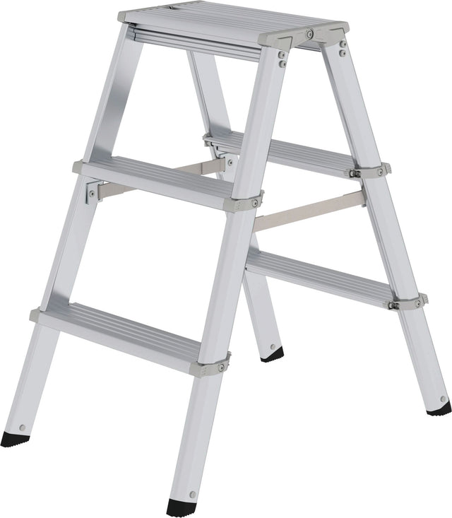 MUNK Stufenstehleiter 2x3 Stufen Aluminium – beidseitig begehbar, 150 kg