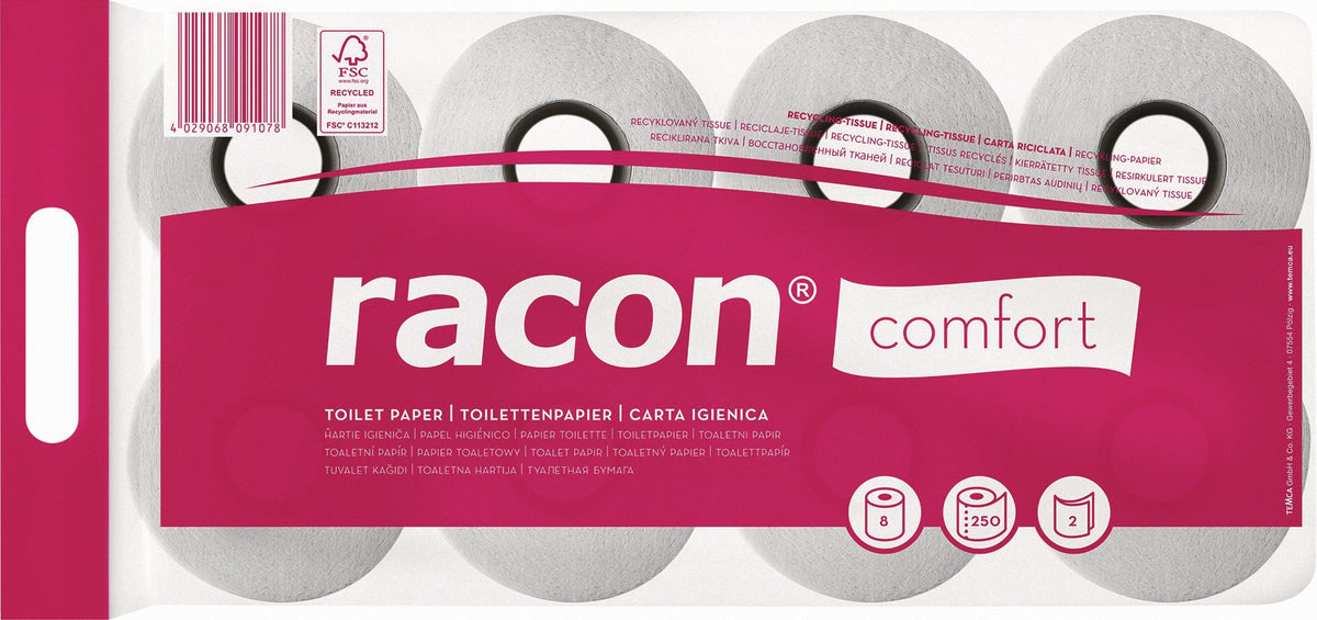 Toilettenpapier racon® 2-lagig, 64 Rollen à 250 Blatt, Recycling-Tissue, weiß