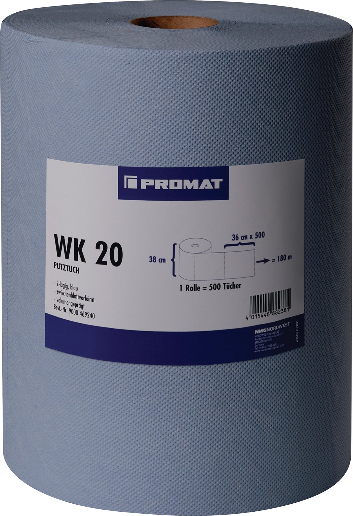 PROMAT Putztuch WK 20 blau 2-lagig volumengeprägt 380 mm x 360 mm, 2er-Pack