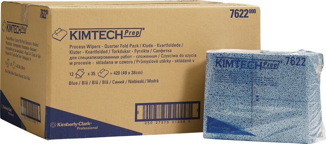 KIMTECH Prozesswischtuch 7622, 490 x 381 mm, blau, 1-lagig, viertelgefaltet, 12 Beutel à 35 Tücher