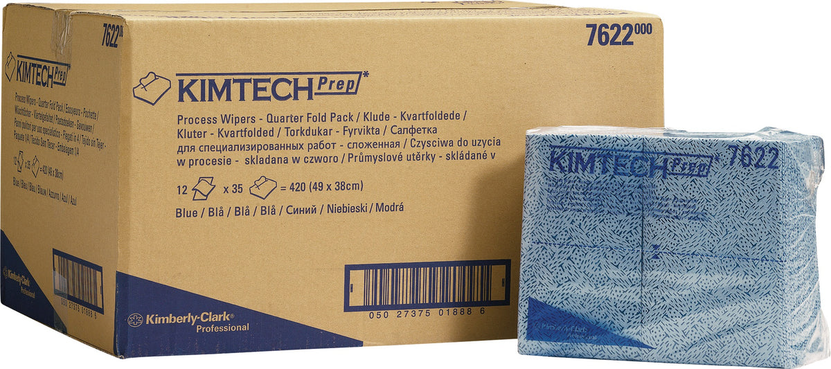 KIMTECH Prozesswischtuch 7622, 490 x 381 mm, blau, 1-lagig, viertelgefaltet, 12 Beutel à 35 Tücher