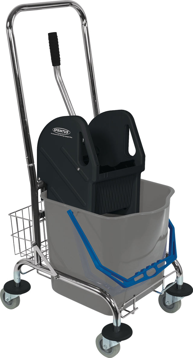 SPRINTUS Reinigungswagen mit 27 l Eimer, Presse und Ablagekorb – Stahlrohr