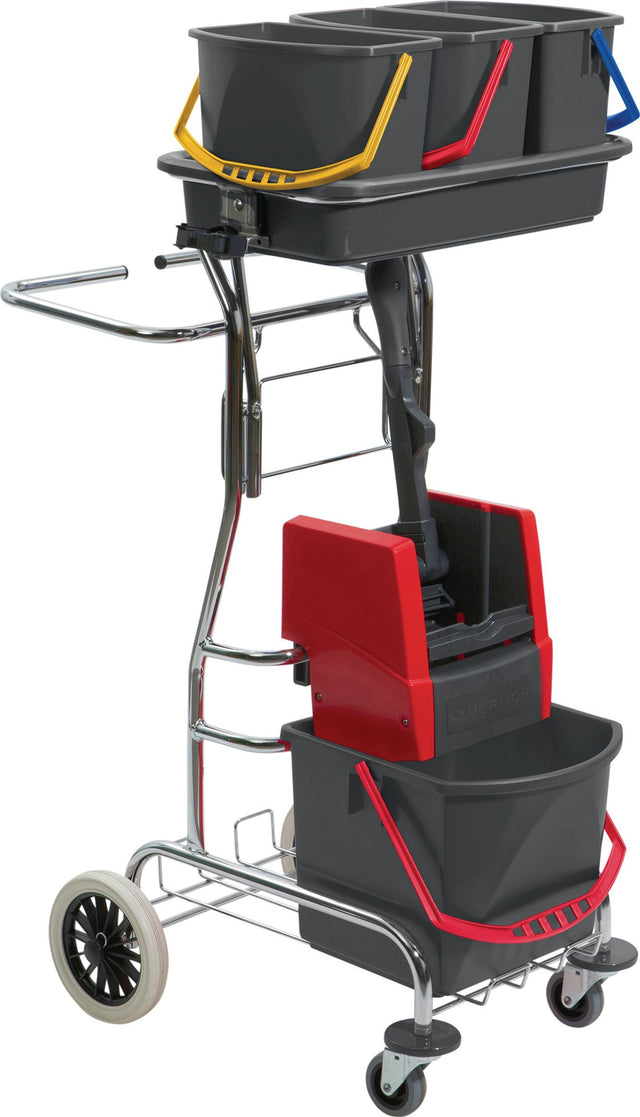 Vermop Reinigungswagenset Stahlrohr mit 1x17l & 3x6l Eimern, Presse, Stiel, Halter und 5 Mopps