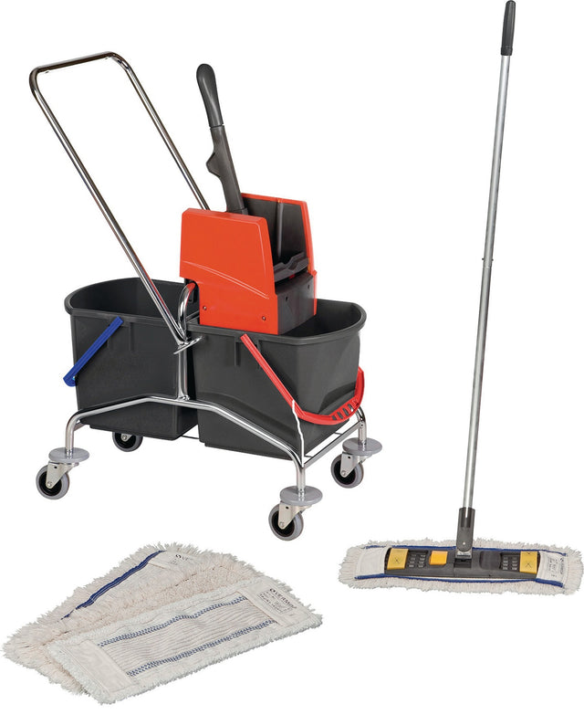VERMOP Reinigungswagenset Eimer 2x17l mit Presse, Stiel, Halter und 4 Mopps – Stahlrohr