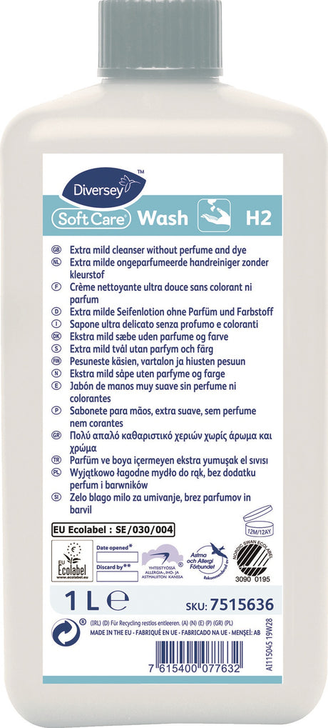 DIVERSEY Soft Care Wash H2 Handwaschlotion 1 l Flasche – für Hände, Körper und Haare