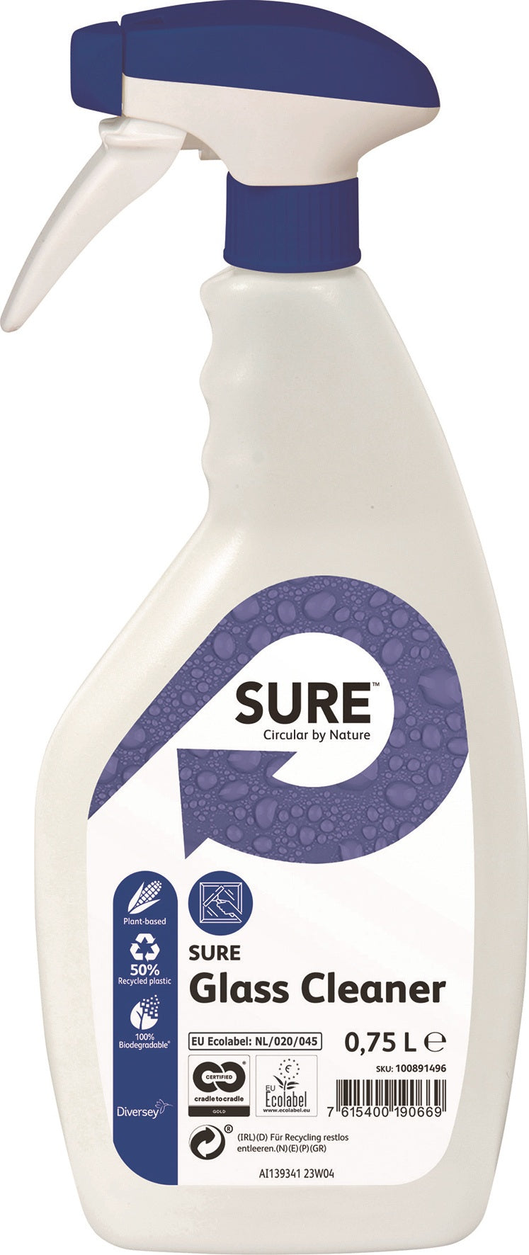 Diversey SURE Glasreiniger Glass Cleaner 750 ml Sprühflasche – 6er Pack, streifenfrei, EU-Ecolabel