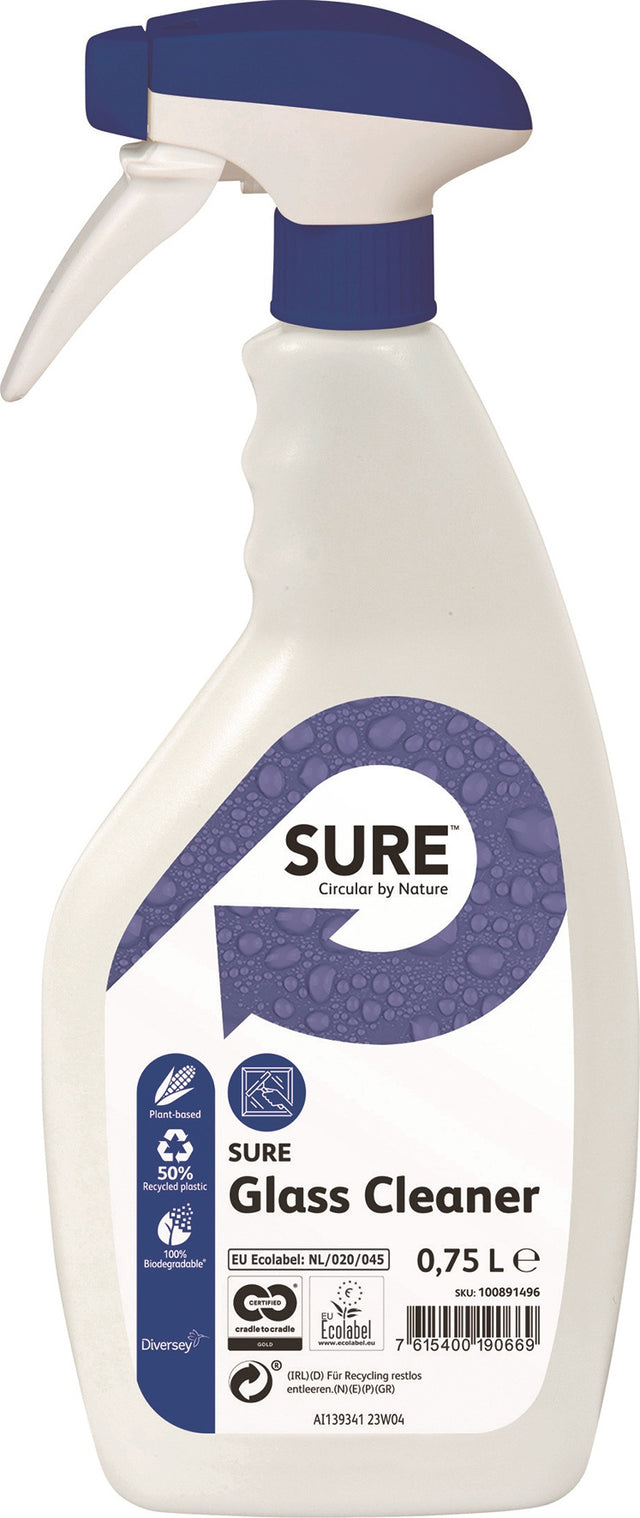 Diversey SURE Glasreiniger Glass Cleaner 750 ml Sprühflasche – 6er Pack, streifenfrei, EU-Ecolabel