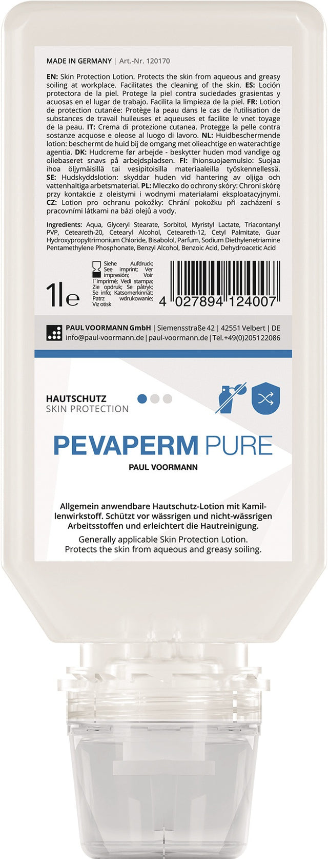 PAUL VOORMANN Hautschutz PEVAPERM PURE 1l unparfümiert Softflasche – pH-hautneutral & silikonfrei