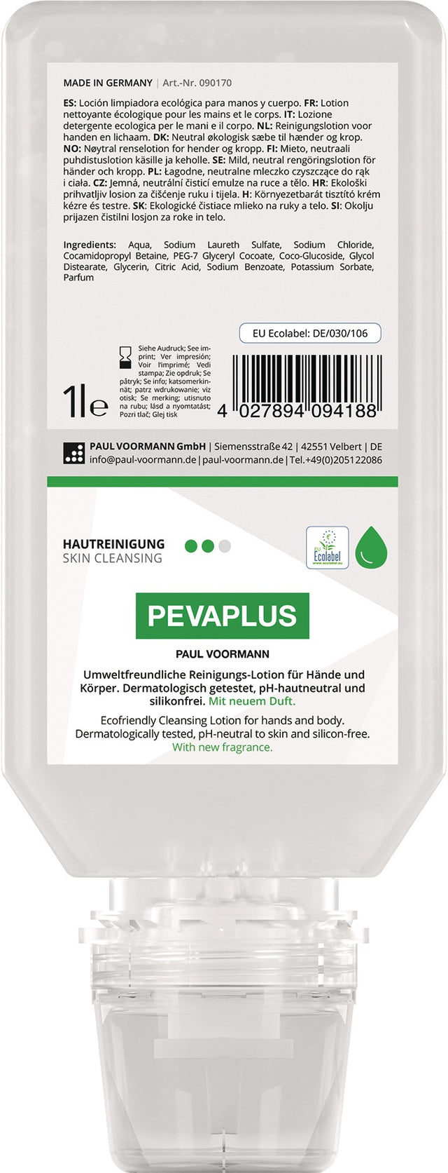 Handreinigung PEVAPLUS 1l Softflasche von PAUL VOORMANN – pH-neutral, silikonfrei, umweltfreundlich