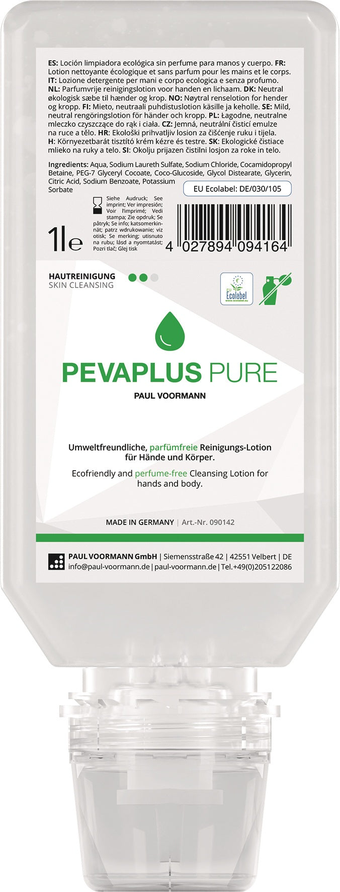 Handreinigung PEVAPLUS PURE 1l unparfümiert Softflasche von PAUL VOORMANN – milde & umweltfreundliche Hautreinigung