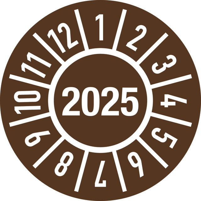 Einjahresprüfplakette 2025 Ø 15 mm von Moedel – 100 Stück selbstklebend mit Monaten