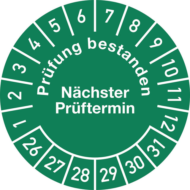 Mehrjahresprüfplakette Ø 30 mm "Prüfung bestanden 26-31" von Moedel – 100 Stück