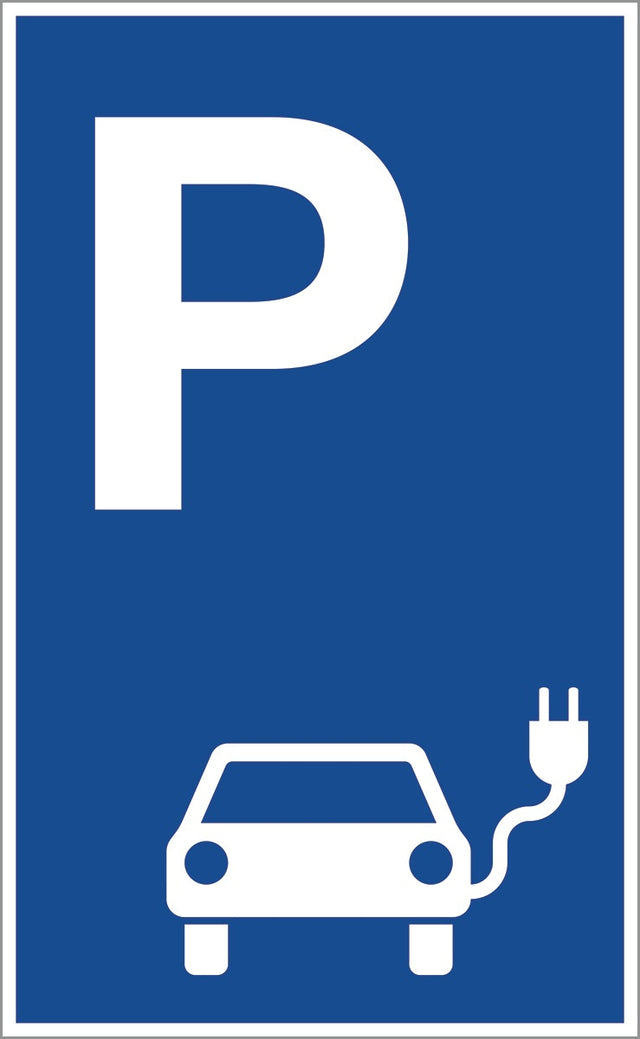 Parkplatzbeschilderung für Elektrofahrzeuge von Moedel – Aluminium, 400 x 250 mm, blau/weiß