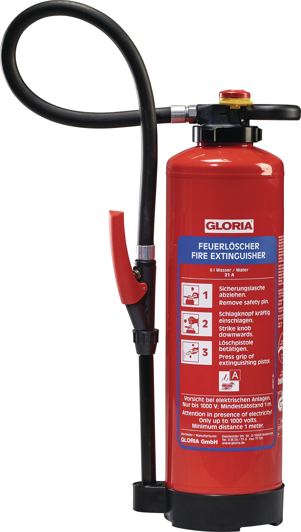 GLORIA Wasserfeuerlöscher WKL 6 PRO 6l Aufladegerät Brandklasse 21 A mit Wandhalter