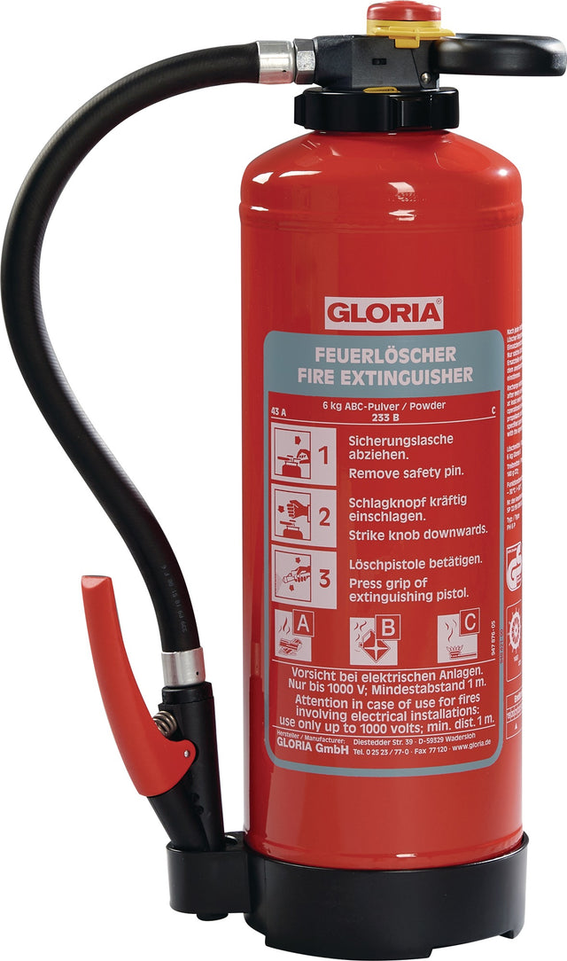 GLORIA Auflade-Pulverfeuerlöscher 6 kg – Brandklassen A, B, C mit Wandhalter