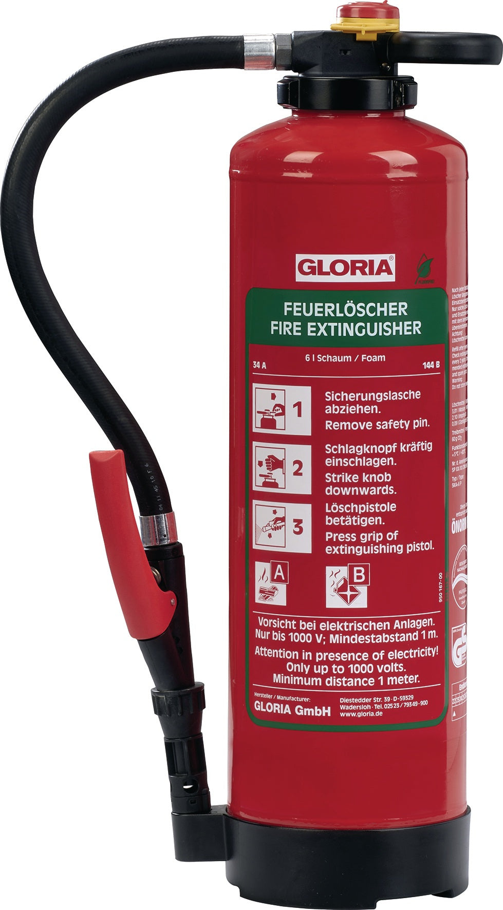 GLORIA Schaumfeuerlöscher 6 l Aufladegerät Brandklasse 34 A 144 B mit Wandhalter