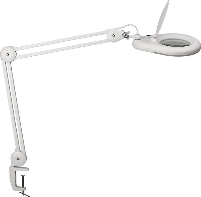 Jakob Maul LED-Lupenleuchte Glaslinse 127 mm 5 Zoll mit Tischklemme, weiß, runder Kopf
