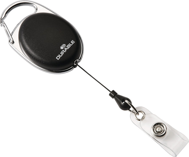 DURABLE Ausweishalter mit Druckknopfschlaufe, Bandlänge 800 mm, Schwarz – Aufrollmechanismus & Metallclip