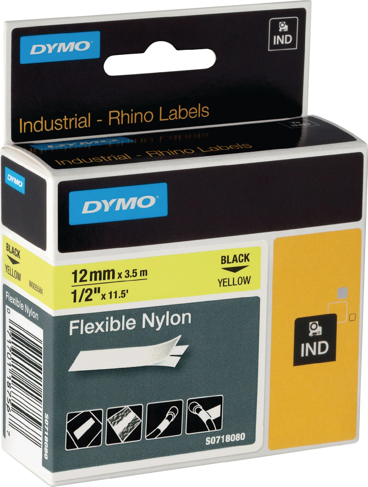 DYMO Schriftband flexibles Nylonband 12 mm schwarz auf weiß, 3,5 m - 5 Stück