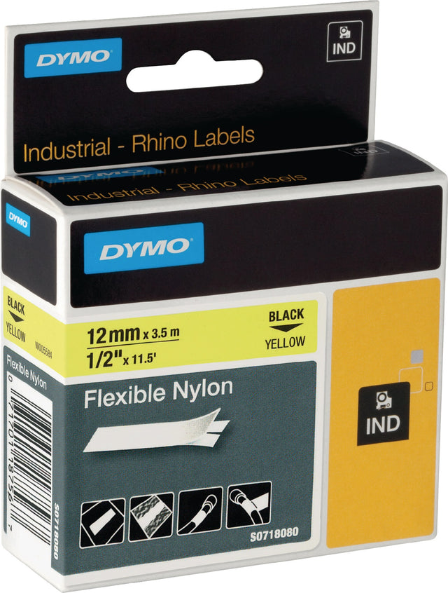 DYMO Schriftband flexibles Nylonband 12 mm schwarz auf weiß, 3,5 m - 5 Stück