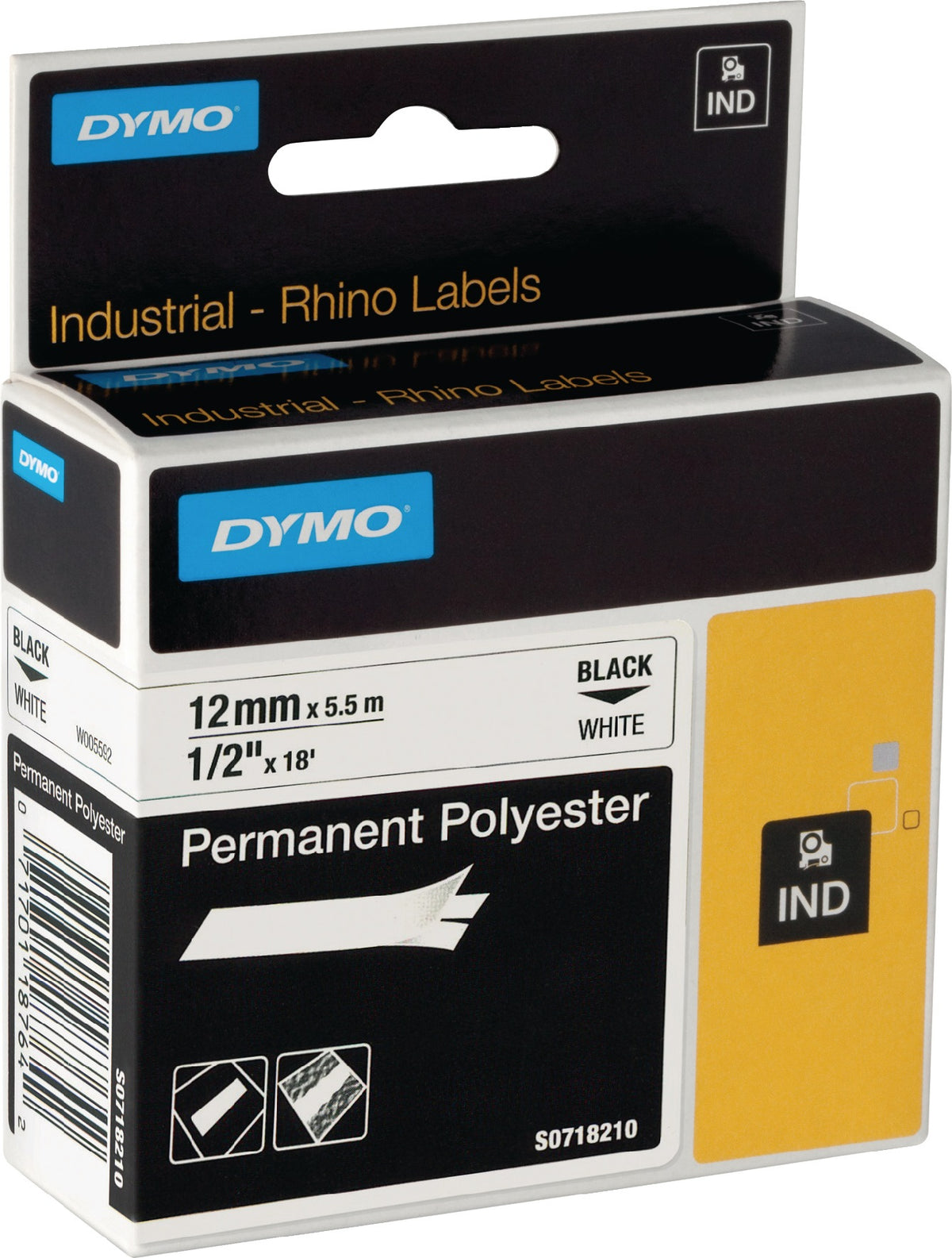 DYMO Schriftband 12 mm schwarz auf weiß – 5er-Pack permanentes Polyesterband 5,5 m
