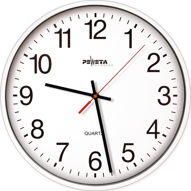 PEWETA Wanduhr Quarzuhr Ø250mm weiß – geräuschloses Uhrwerk, arabische Zahlen, 1,5V