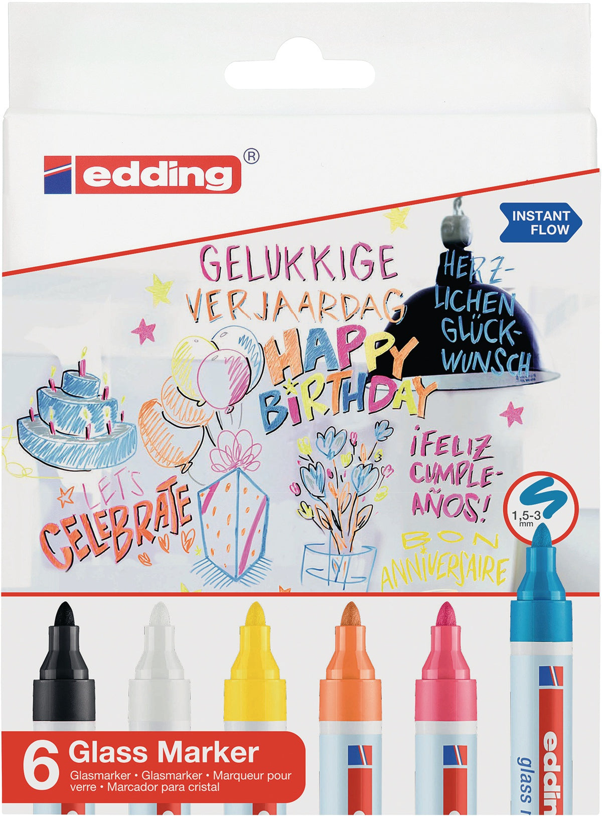 edding 95 Glasmarker 6er Set – schwarz, weiß, gelb, orange, pink, hellblau – Rundspitze 1,5–3 mm
